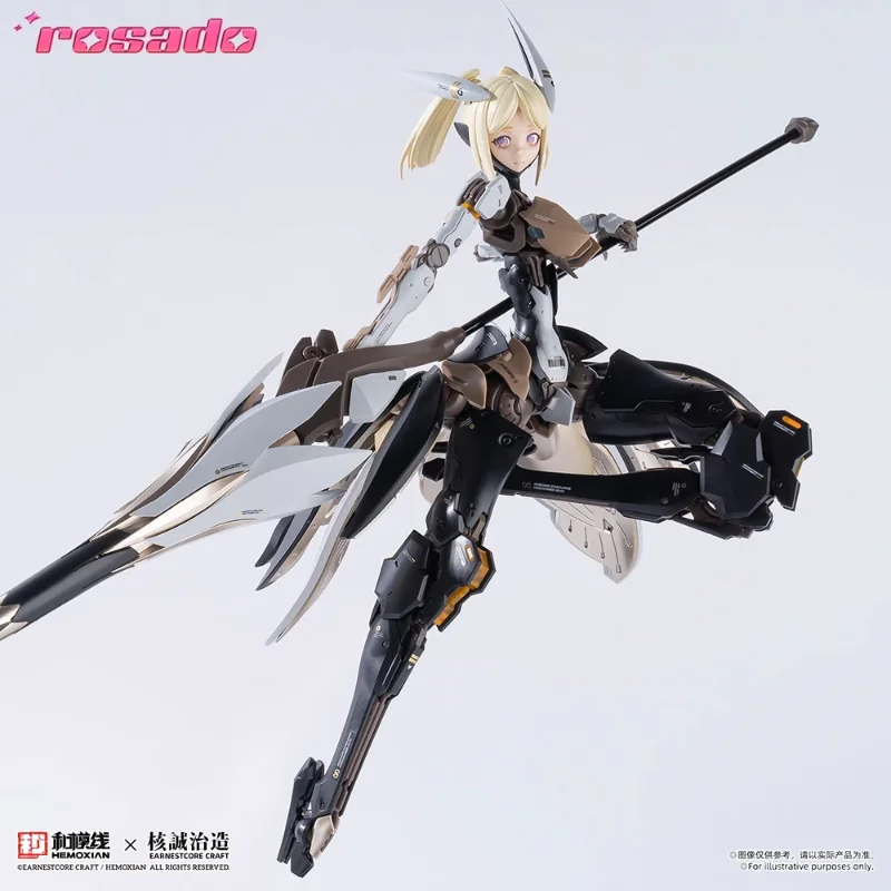 En stock : Figurine décorative Blonde Mecha Girl, tenue mécanique noire, avec ailes et lames, pose dynamique en course, objet de collection pour bureau, cadeau