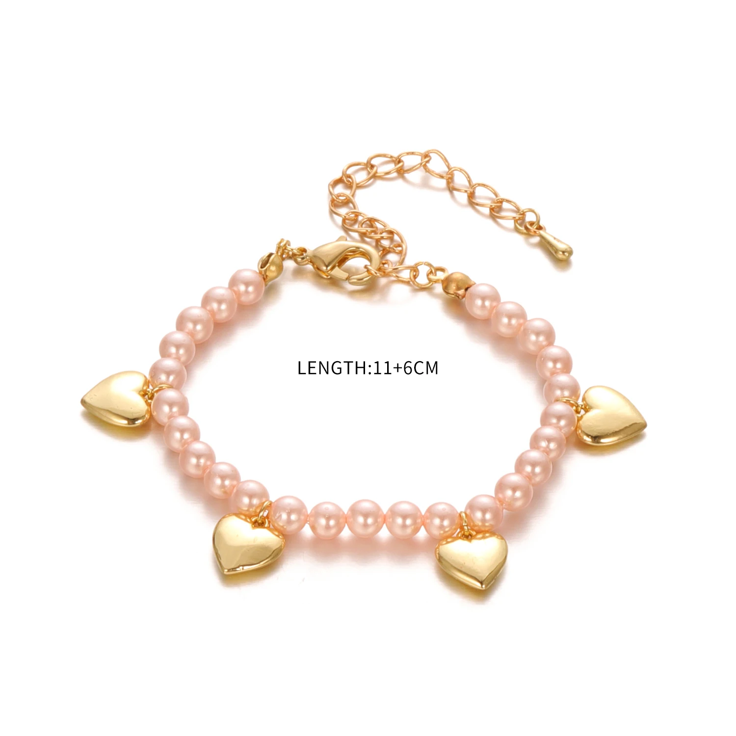 Gold Pink Beads With Heart Hamdmade Bracelet for Kids Fashion Accessories Holiday Gift