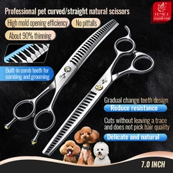 Fenice 7 inch VG10 Professional Pet Curved/Straight Thinner Natural Scissors Dog Grooming Shears Built In Comb Thinning Rate 90%