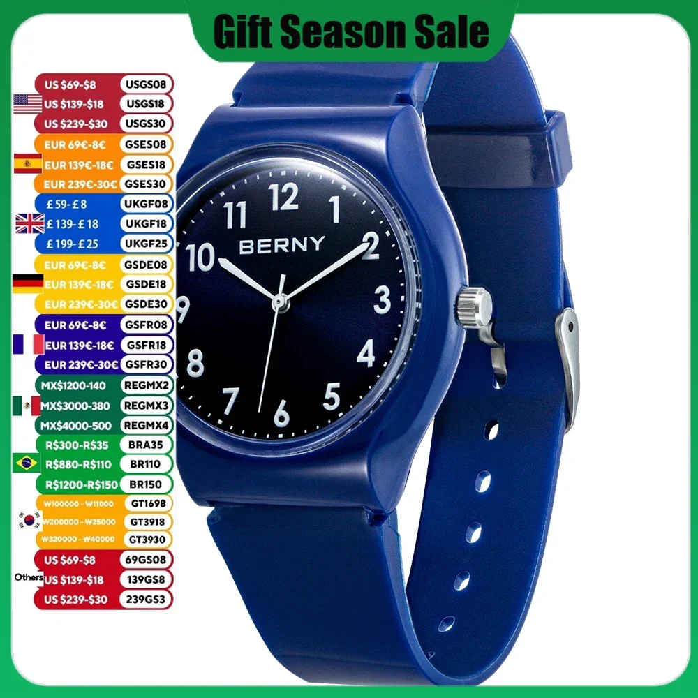 BERNY Men Quartz Watch Japan Miyota 2035 Easy Read Silicone Bracelet Swiss Style 3ATM Water Resistant Sport Wristwatch