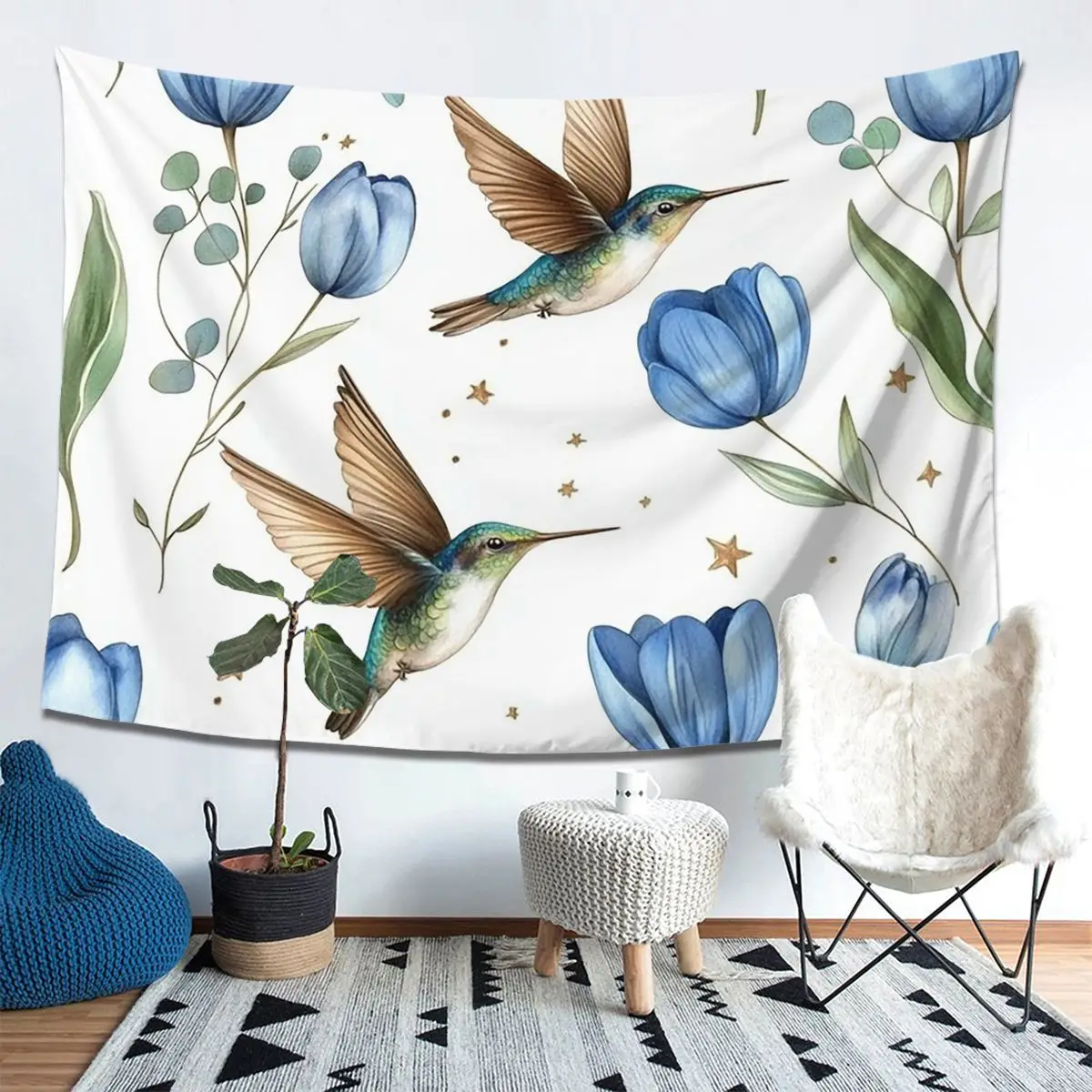 

Гобелен с тюльпанами и колибри, украшение, художественные эстетические гобелены для гостиной, спальни, дома, настенная ткань, настенная подвеска