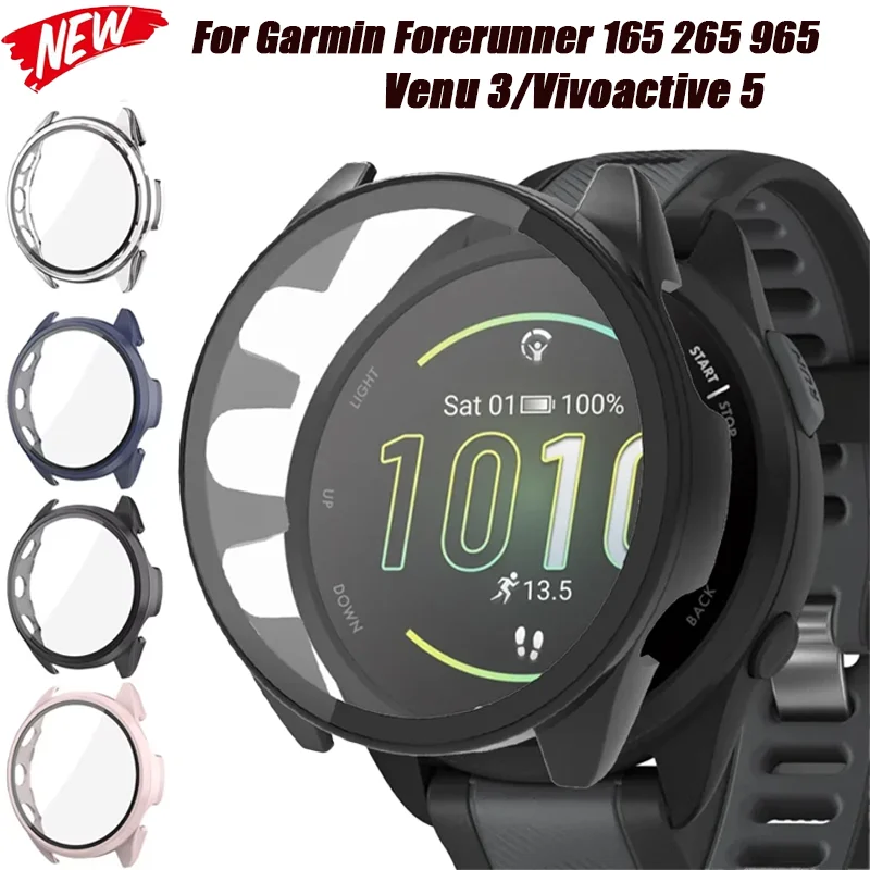 حافظة كمبيوتر لهاتف Garmin Forerunner 165 265 965 HD غطاء من الزجاج المقسى Garmin Venu 3/Vivoactive 5 غطاء حماية للشاشة الشاملة