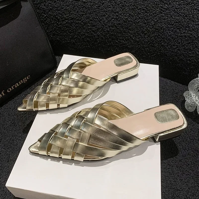 

New Summer Gold Silver Low Heels Slippers Women Pointed Toe Thick Heeled Gladiator Sandals Woman Brand Designer Heels Women