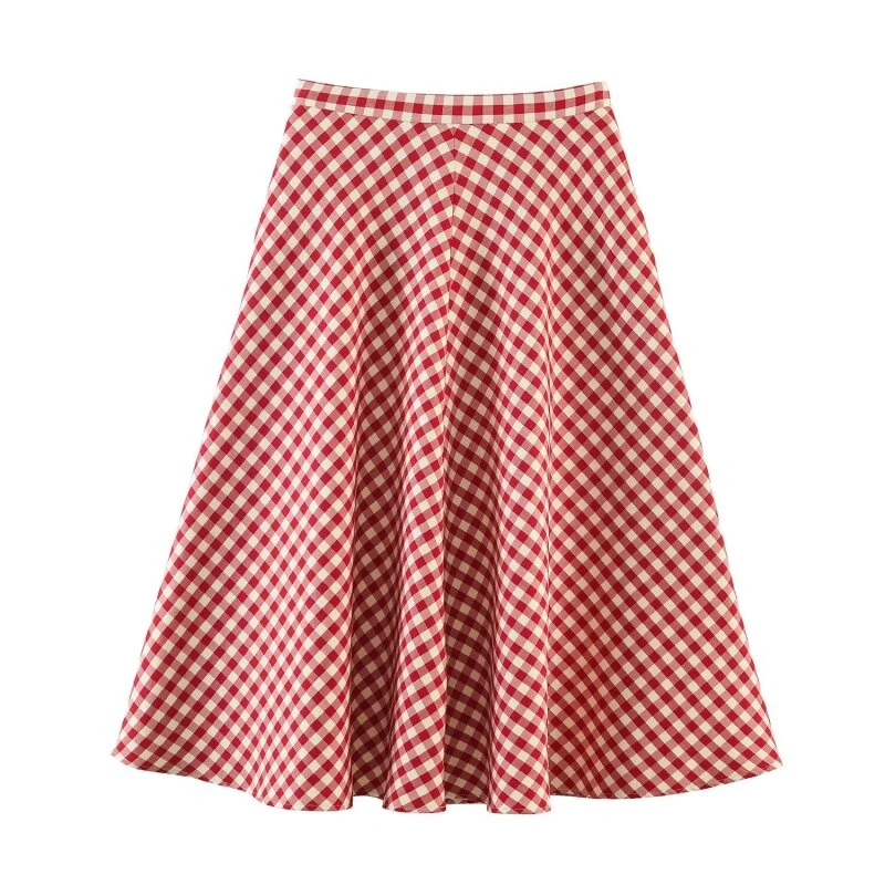 Summer New Women Red Gingham A-Line Midi Skirt High Waist Female Flared Hem Casual Skirts