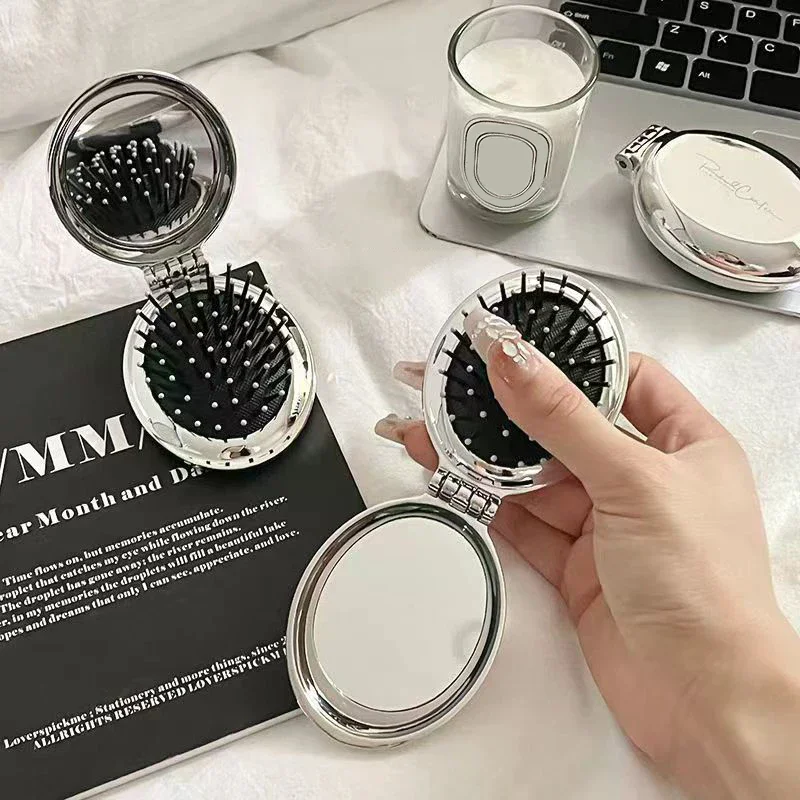 2 In 1 Mini Portable Folding Comb Mirror Air Cushion Silver Plating Hair Comb Cosmetic Travel Pocket Hair Brush Makeup Tool Gif