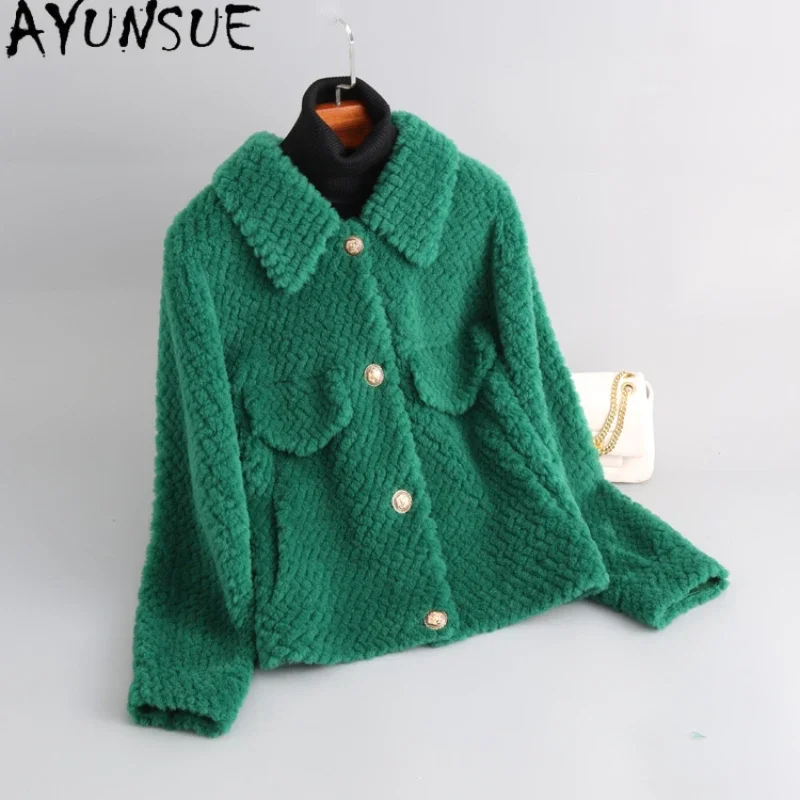 AYUNSUE Casual Short Wool Coats for Women 2023 Autumn Winter Sheep Shearing Jacket Elegant Green Fur Coat Roupas Femininas