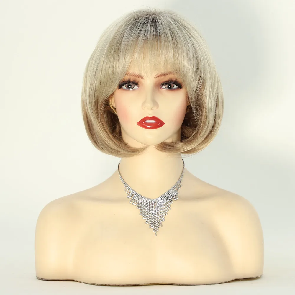 Women's Short Blonde Ombre Bob Wig Inward Curl Heat-Resistant Synthetic Fiber for Daily Use Wig Cap