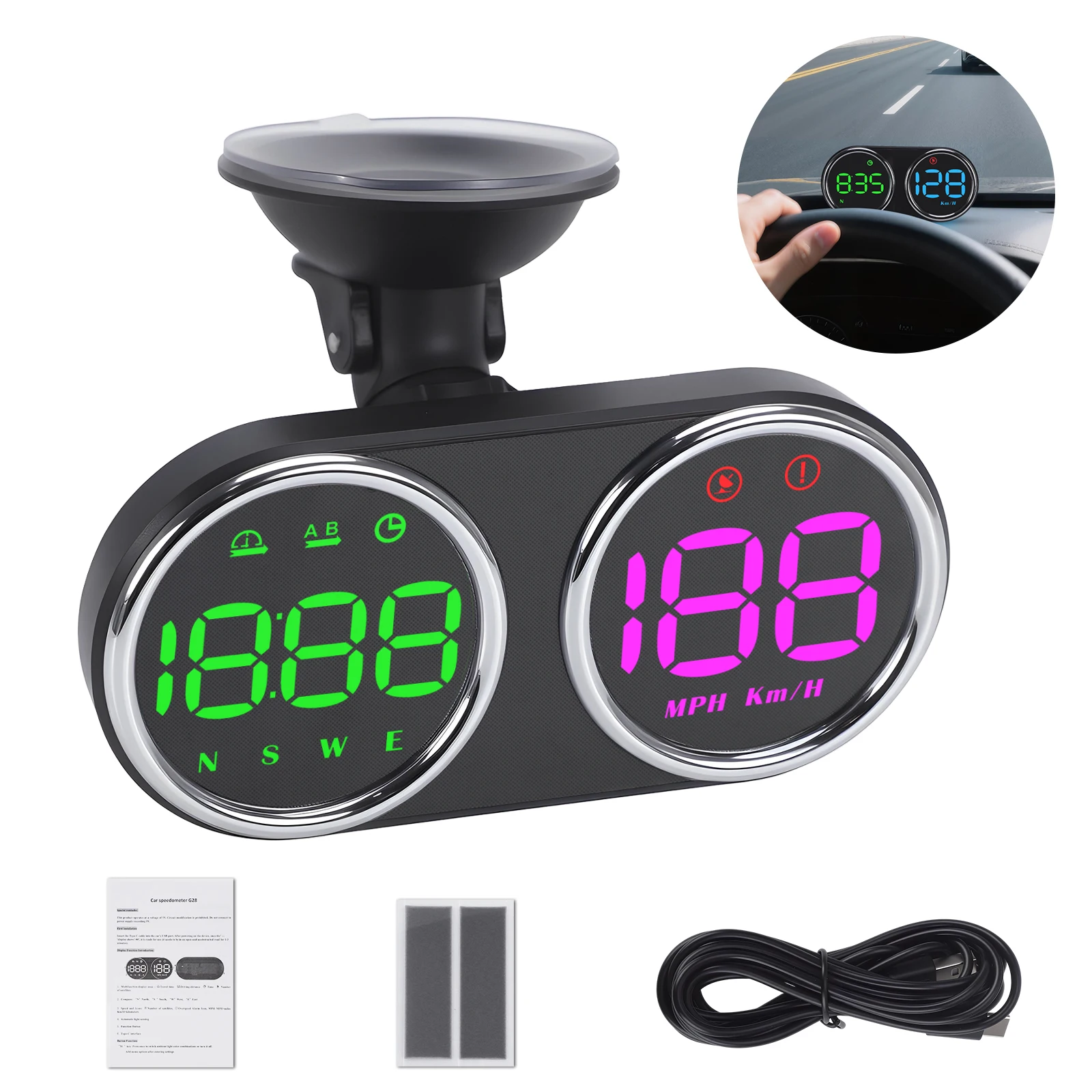 For Car Motorcycle KM/H and MPH 5V Overspeed Alarm 3-Levels For ABC 123 G28 Speed Meter GPS HUD 7-Color Head-up Plug And Play
