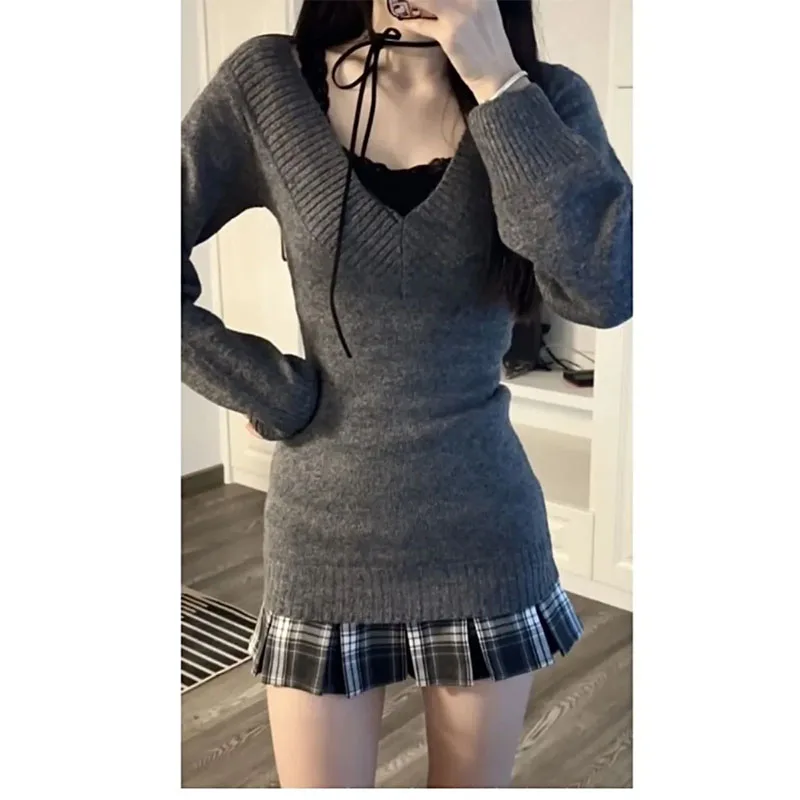 2026 New Ladies Vintage V-neck Sweater Gray Autumn Winter Knitted All Match Sweaters Top Woman Fashion Pullover Sweater