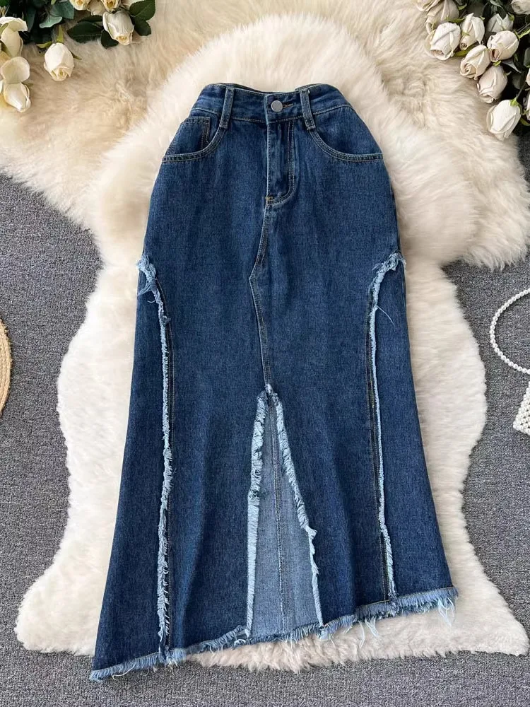 

Design Sense Niche Fringed Split Skirt for Women Autumn Popular 2024 New Irregular High Waist Denim Skirts Fashion Clothing