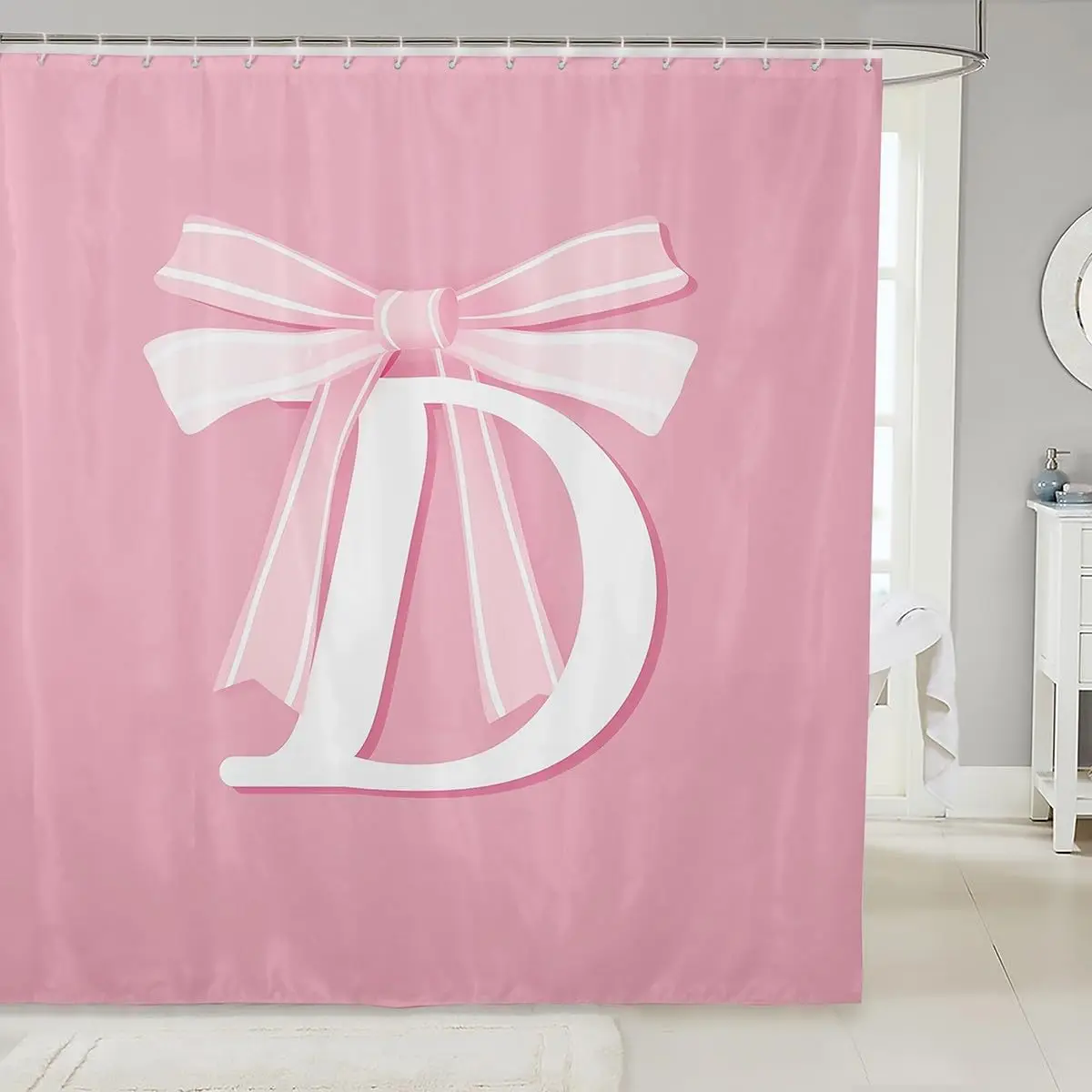 

Gifts for Women Teen Girl,Pink Monogram Letter D Ribbon Bow Shower Curtain Sweet Girl's Room Bathroom Decor