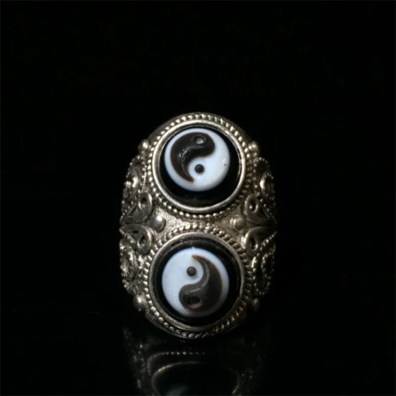 Old Bagua Antique Silver Inlaid Finger Agate Dzi Bead Ring