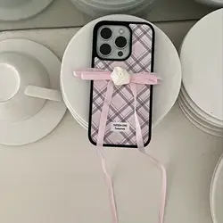 Korean INS Pink Argyle with Long Ribbon Bowknots for Girl Women Phone Case for iPhone 16 15 14 13 Pro Max Back Phone Cover Capa