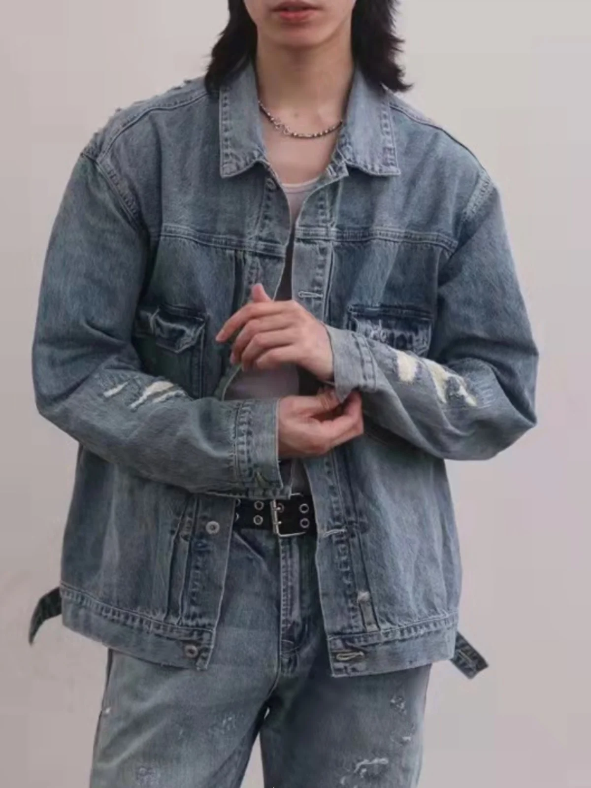 

Hap 2aw Autumn Distred Waed Denim Jaet Hip Hop Loose Collar Coat Youth Faion Regular Length Cotton Jaet