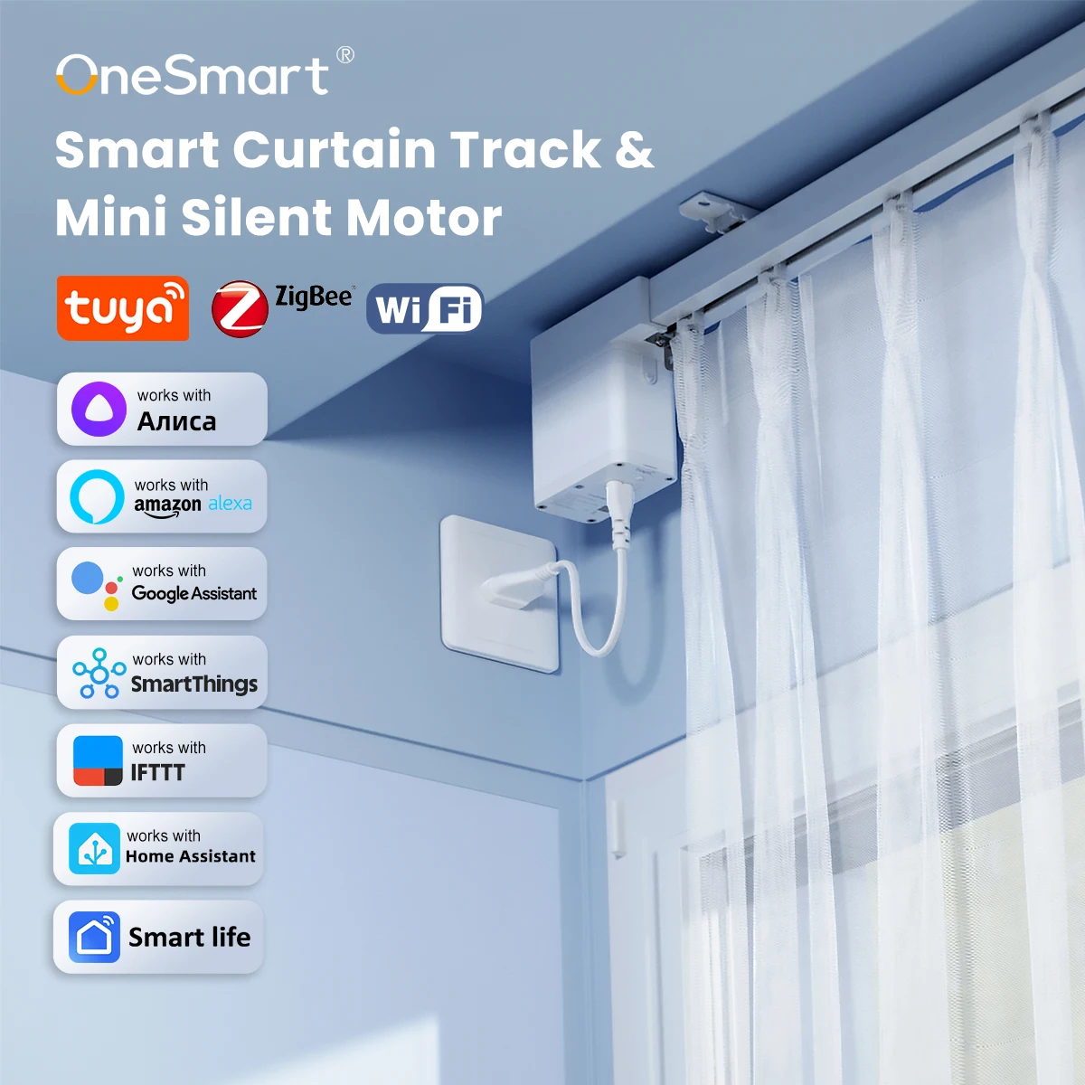 OneSmart Tuya Wifi Zigbee Mini Electric Smart Curtains Motor Rail Track Rod System Support Google Assistant Alexa Smart Life