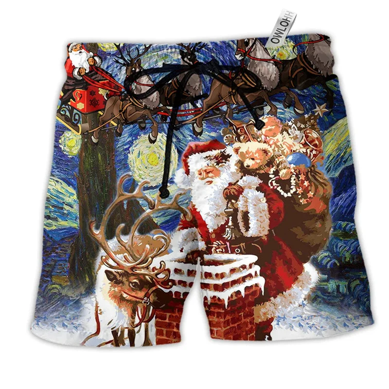 Joyeux Noël Père Noël Hommes Shorts, Impression 3D, Drôle de Noël, Unisexe Y2k Board Short Pants, Summer Hawaii Swimsuit Surf Swim Trunks