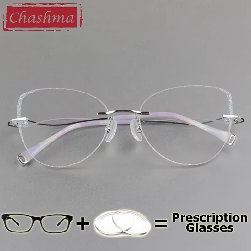 

Chashma Prescription Glasses Women Cat Eye Rimless Eyeglasses Lightweight Titanium Glitter Fashion Stylish Eyewear Spectacles