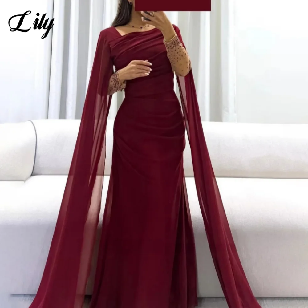 

Lily Burgundy Elegant Prom Dresses Square Long Sleeves Mermaid Evening Gown Satin Floor-Length Ball Gown حزب فساتين Customized