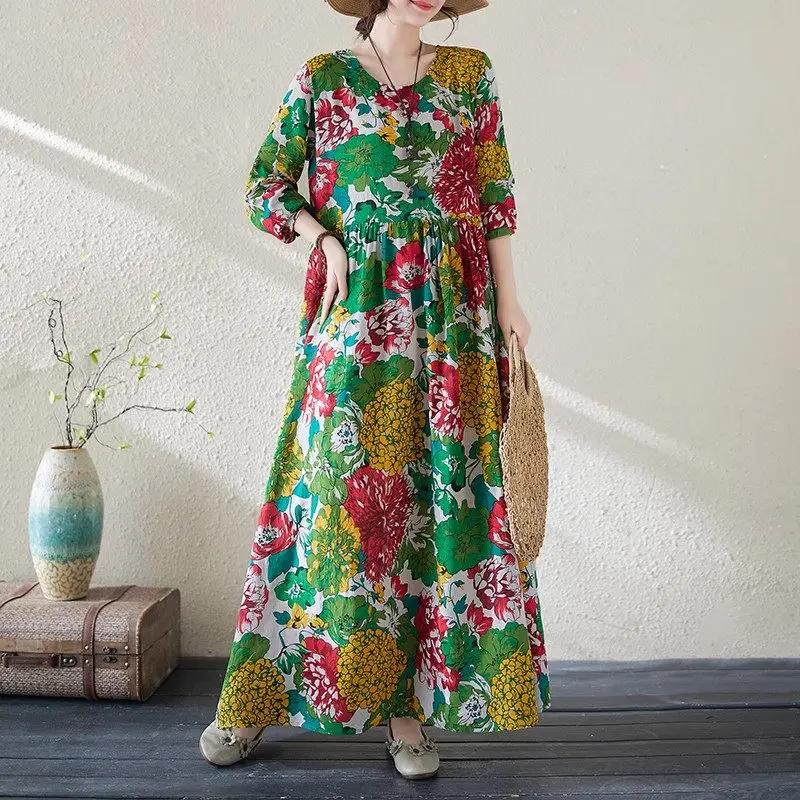 

Big Flower Women's Dress 2024 Early Spring Pattern Holiday Style Travel Round Neck Retro Long Cotton Linen Dress Oversized z4688