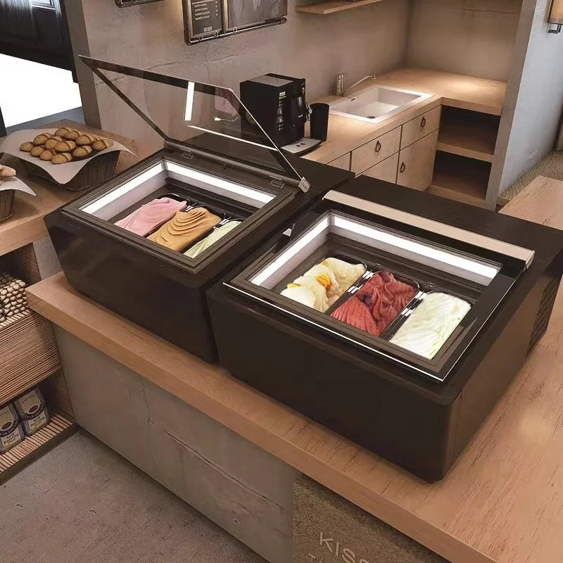 علبة عرض الآيس كريم لسطح المكتب التجارية، تبريد مباشر بدرجة حرارة واحدة، ثلاجة ذاتية التجميد 220 فولت لاستخدام البار