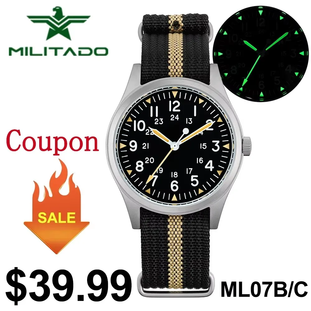 

Militado ML07C Винтажные кварцевые часы 36 мм Miyota Super 2035 Механизм с куполообразным сапфировым стеклом Светящиеся водонепроницаемые часы 10 бар