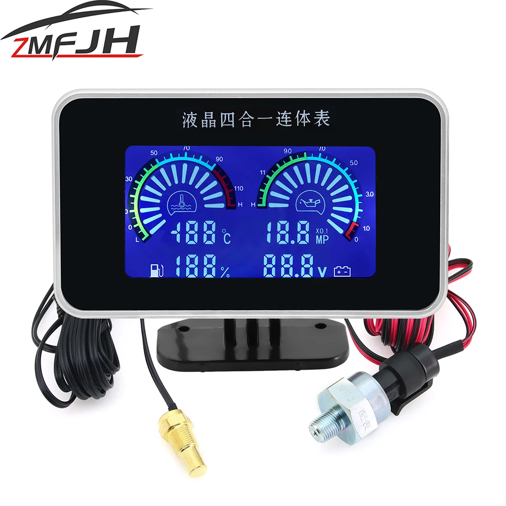 4 In1 Car LCD Gauge Water Temp+ Fuel Level+Voltmeter+Oil Pressure Meter With 10MM Sensor 1/8NPT Oil Press Sensor 12V 24V