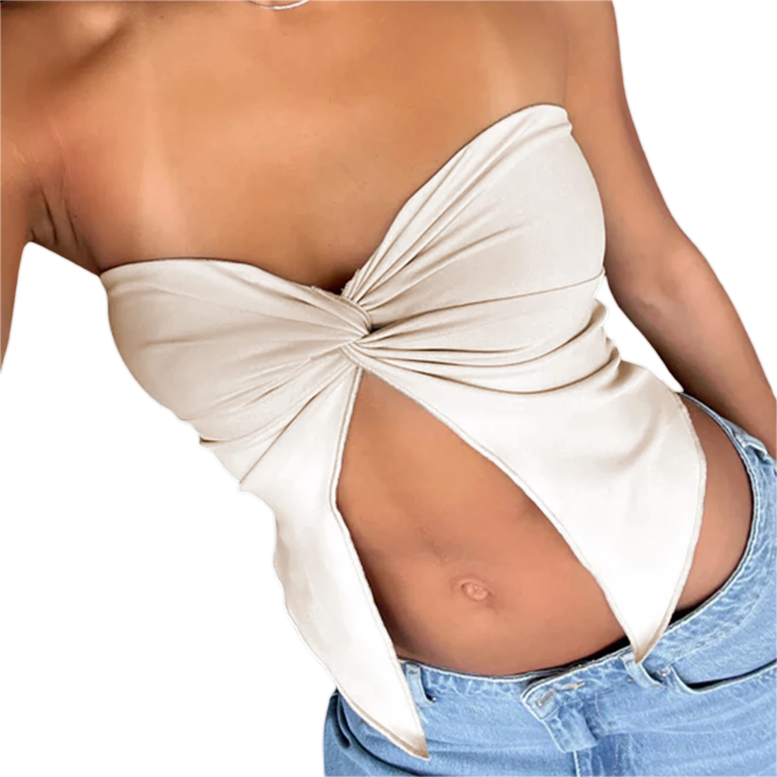 Summer Fashion Women Solid Color Tube Tops Bandeau Strapless Backless Open Front Wrap Chest Tank Tops Crop Tops