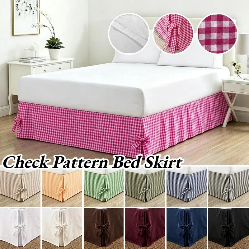 Japanese Checked Bed Skirt Elastic Pinch Pleat 35cm Drop Premium Wrap Around Bed Sheet for Queen Bed Bowknot Bandage