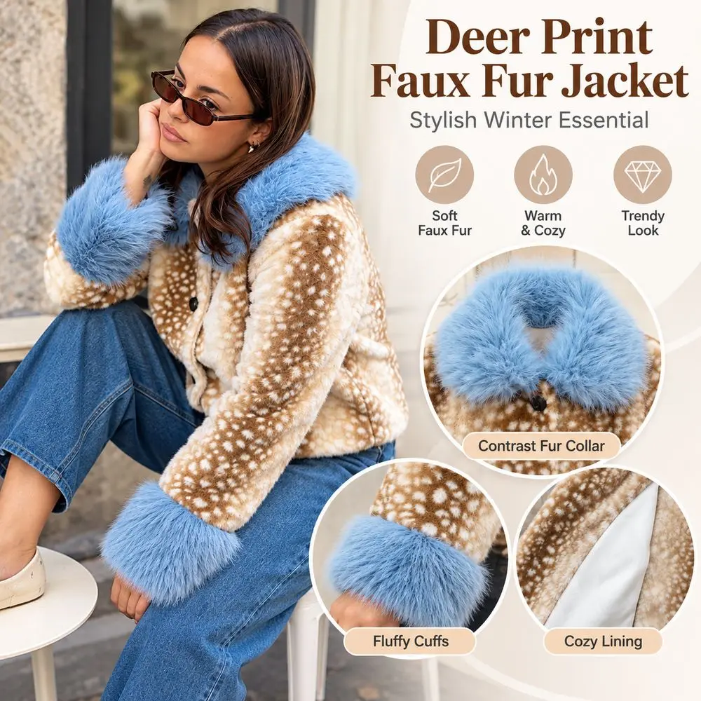 New Deer Print Faux Fur Jacket Contrast Fur Collar Texture Cropped Outerwear Long Sleeve Fluffy Cuffs Winter Coat Streetwear