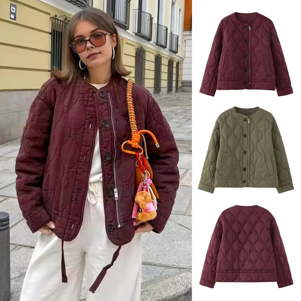 

Women Coat Stylish Women's Round Neck Coat with Pockets Long Sleeve Solid Color Jacket for Versatile Style Thickened for Winter