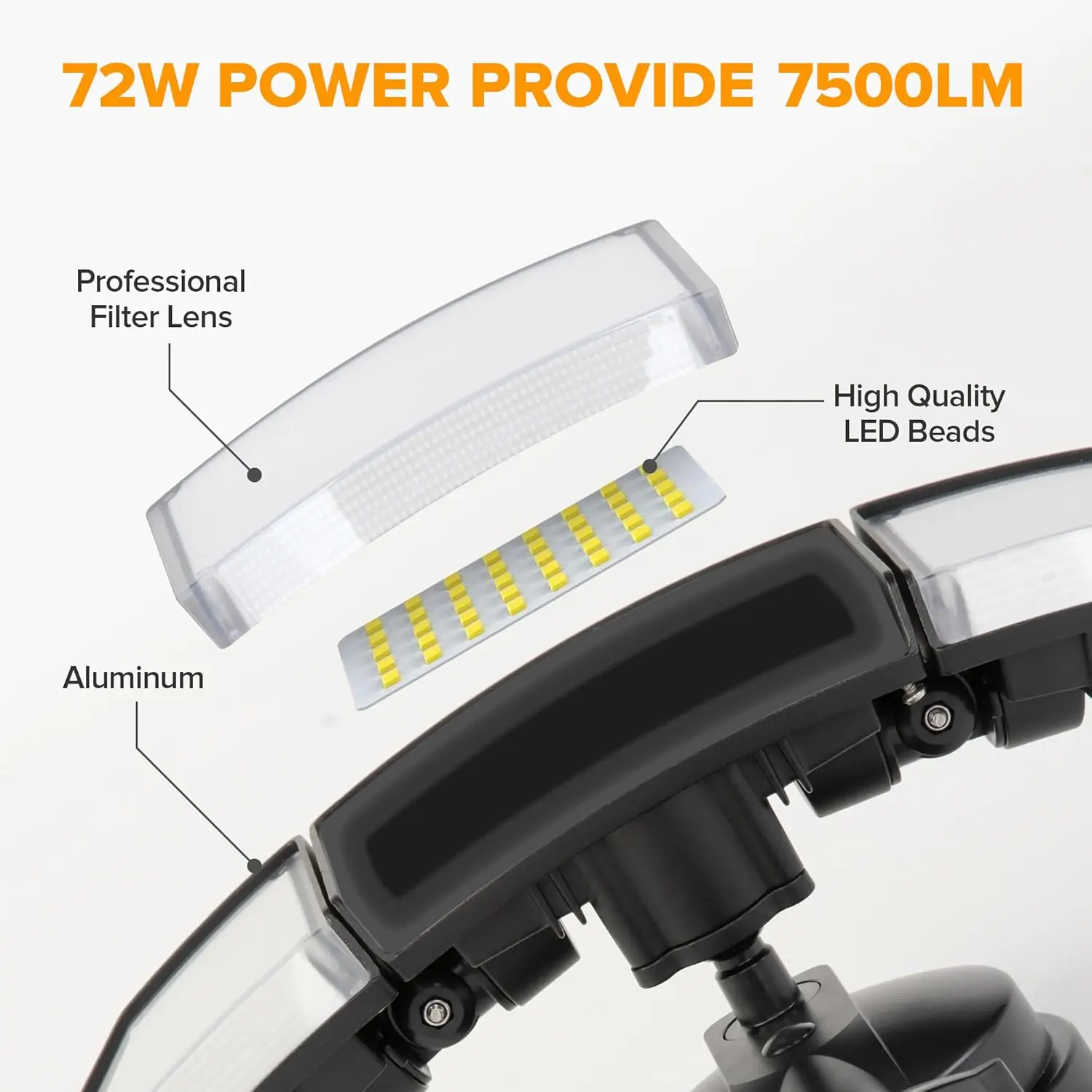 72W LED 모션 센서 투광등, 7500LM 주광색, 실외 보안용 IP65 방수