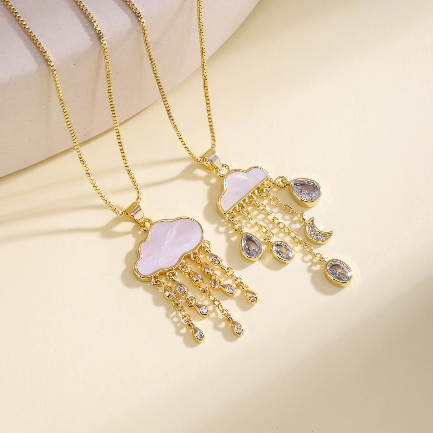Nidin New Arrival Shell Cloud Pendant Necklace For Women Cubic Zirconia Moon & Raindrop Tassel Necklaces Fashion Jewelry Gifts