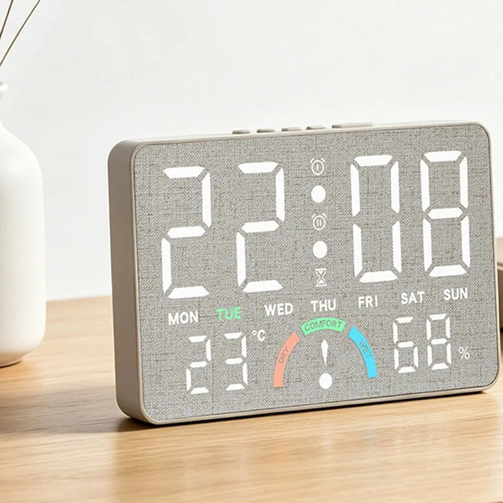 LED Electronic Clock with Temperature and Humidity Display for Home Bedroom Office Wall or Desk Use Grey Yellow