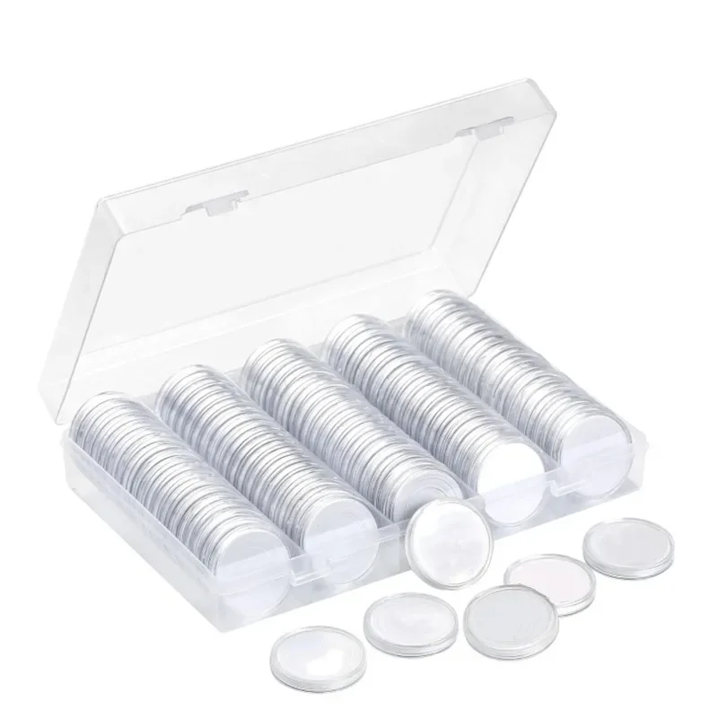 For Coin Collection 100pcs 30mm Coin Capsules 5 Sizes 17/20/25/27/30mm Protect Gasket Coin Holder Case with Plastic Storage Box