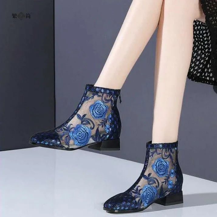 Summer Women High Heel Shoes Fashion Mesh Breathable Pumps  Rhinestone Elegant Footwear Pointed Thick Heels Female Dress Shoes