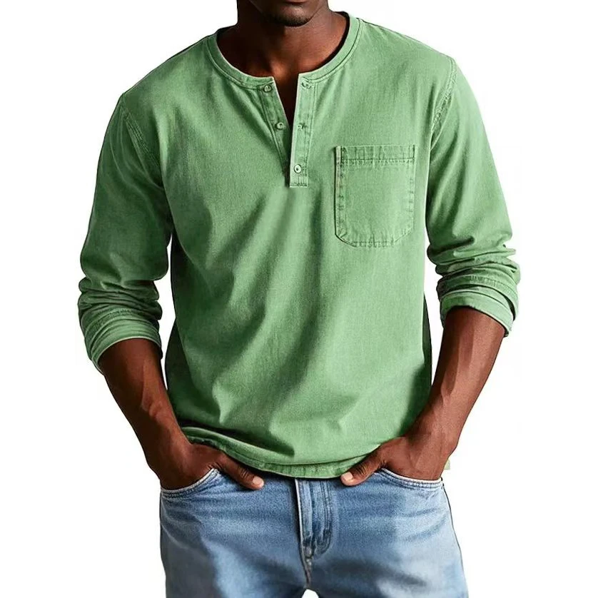 

Breathable Mens Long Sleeve Tee Slim Fit Casual Solid Pocket T-Shirt Pull On Daily Top For Autumn Spring Season