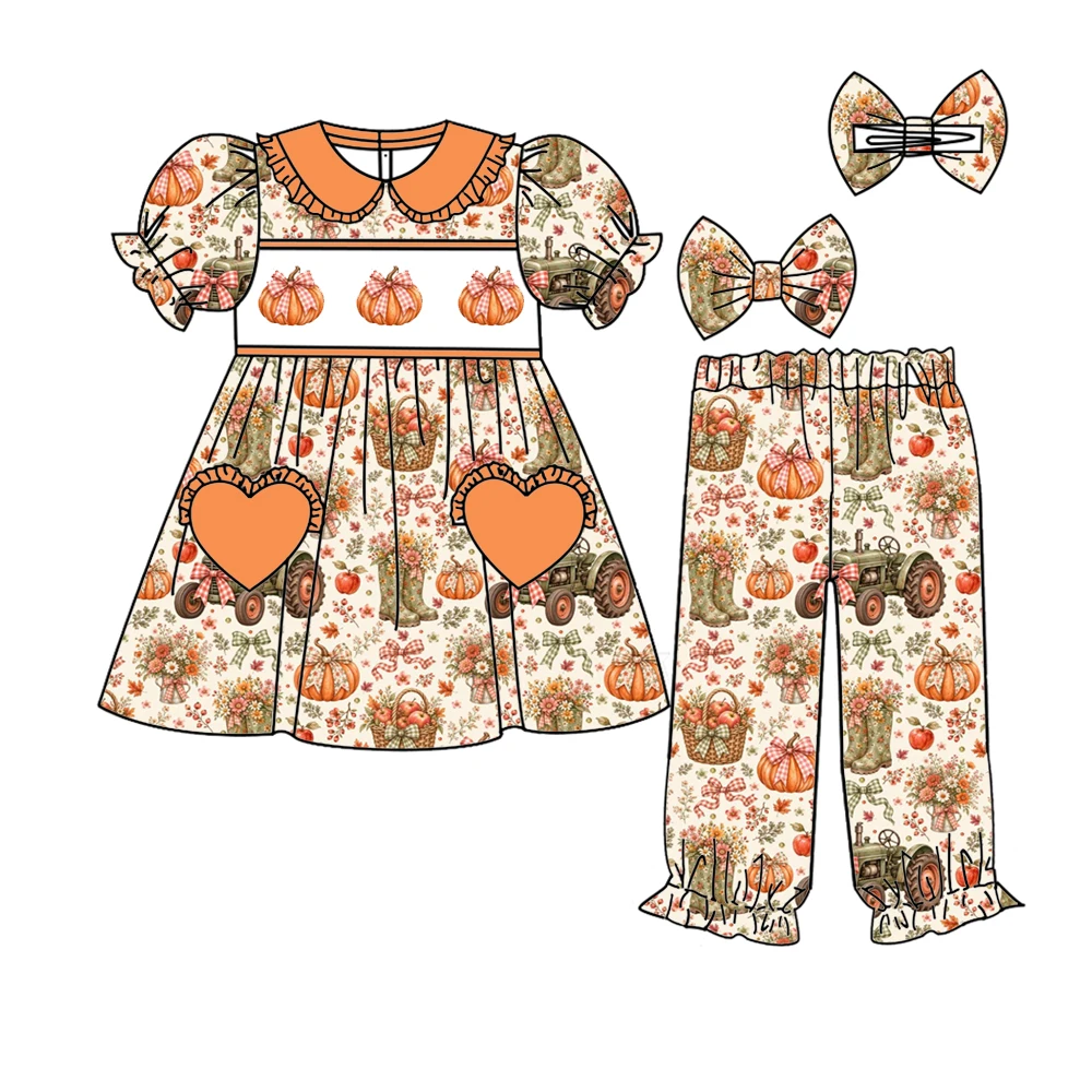 Thanksgiving Boutique Children's Set Short-Sleeved Elastic Trousers Girls' Set Pumpkin Bow Print Girls Robe