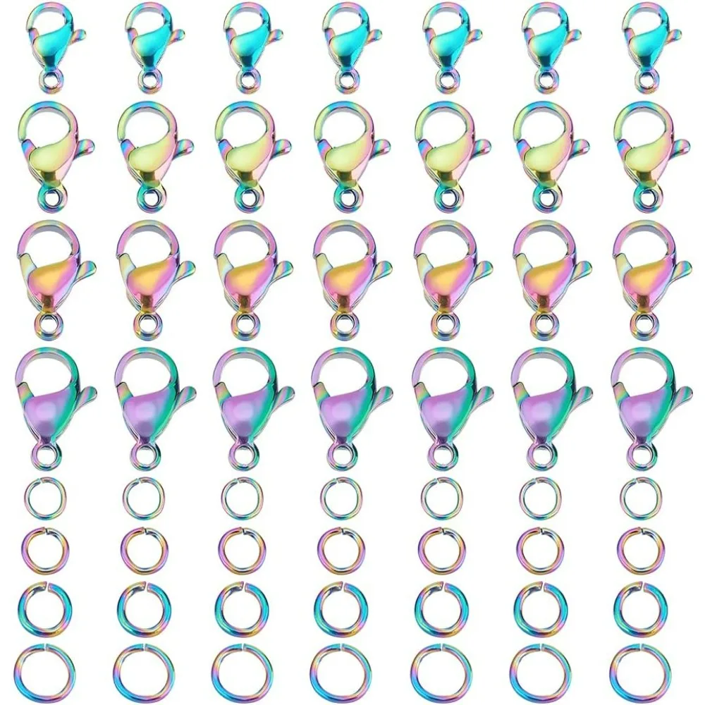 40Pcs 4 Style Rainbow Color 304 Stainless Steel Lobster Claw Clasps Hole 1~2.2mm with 40Pcs Open Jump Rings Metal Lobster Claw