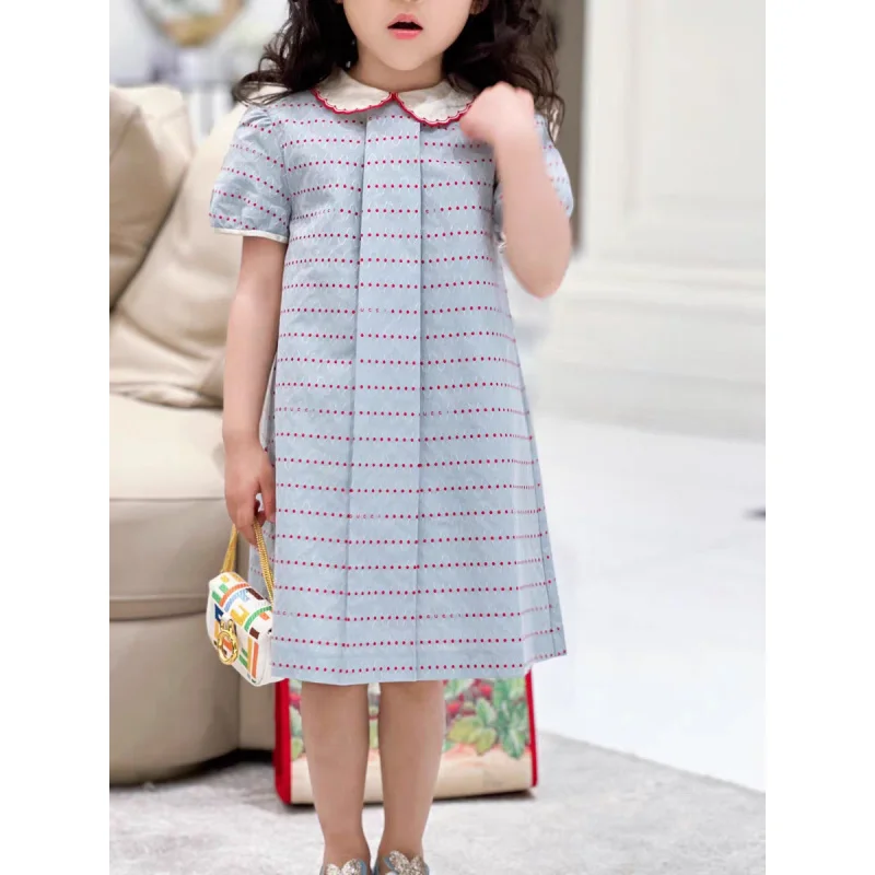 

Peter Pan Collar Cotton Light Blue Girls' Short Sleeve Dress Summer New French Style ElegantACasual Skirt