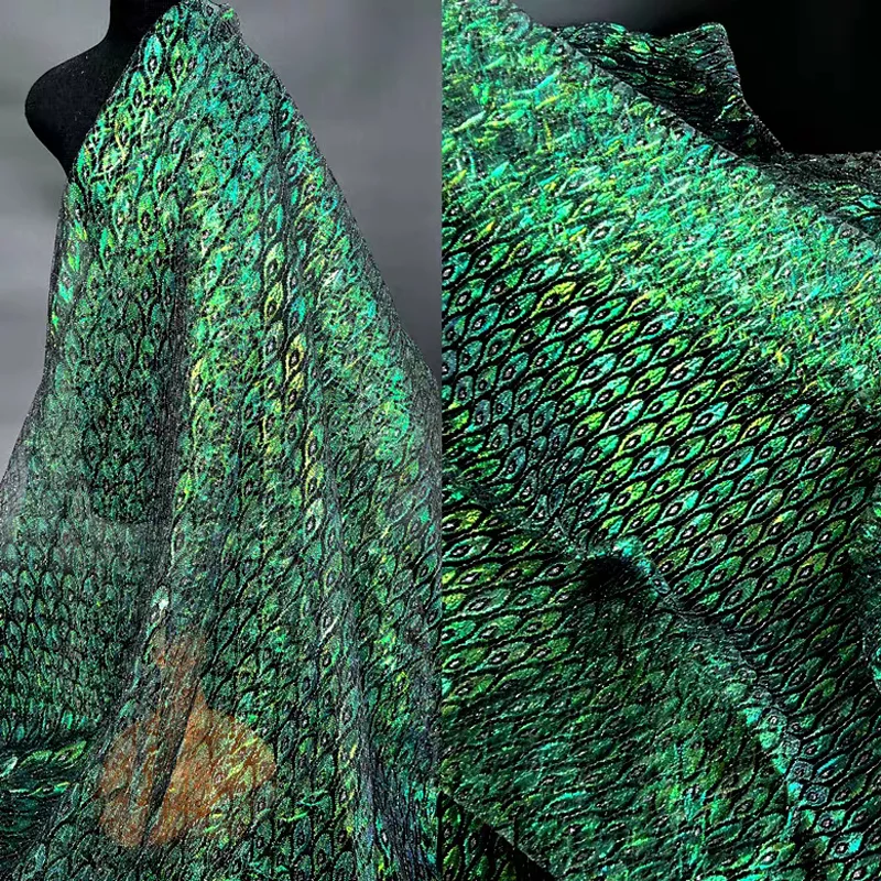 Glitter Mesh Laser Mesh Fabric Peacock Feather Print Gauze Clothing Sewing Materials Gauze Skirt Fabric Background Decoration