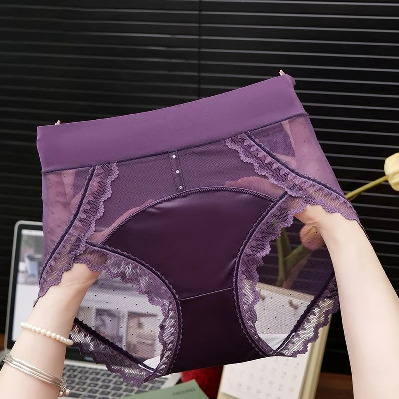 

Французские атласные кружевные трусы в стиле ретро для женщин, осень 2026, новый стиль, удобная бесшовная прозрачная сетчатая ткань со средней и высокой талией