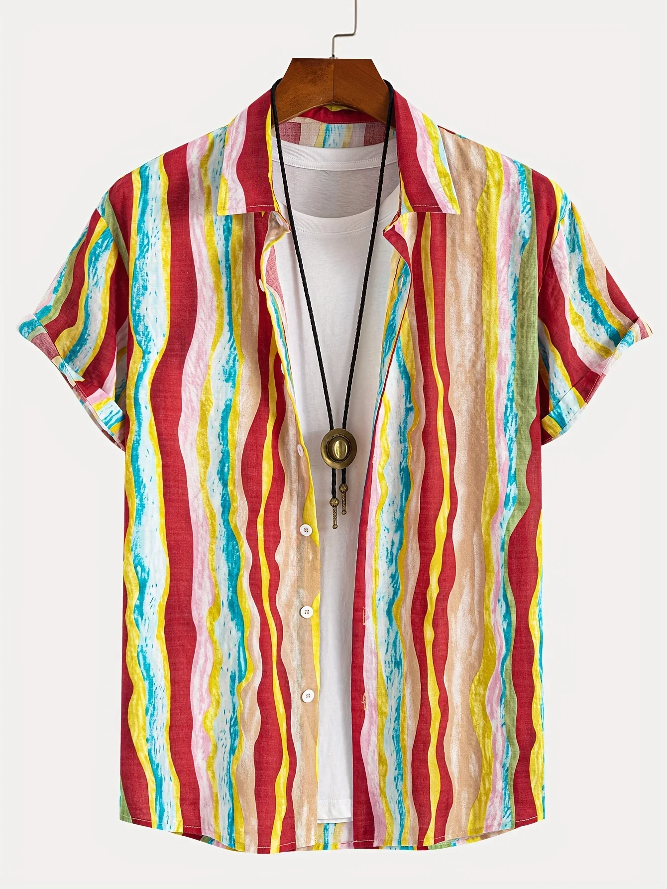 

Hawaiian style shirts men's loose short sleeve tops, beach vacation and weekend adventure 3d printed striped print shirts