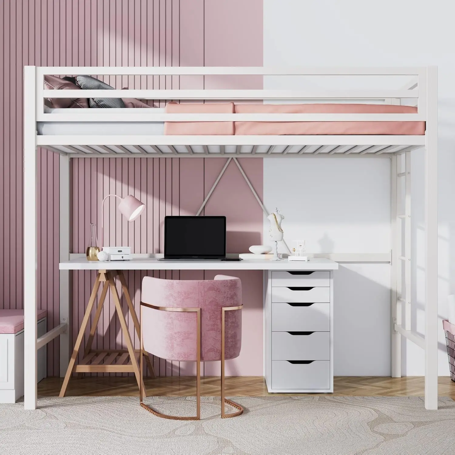 White Metal Loft Bed for Bedroom or Dorm: Heavy Duty, Space-Saving, No Box Spring Needed