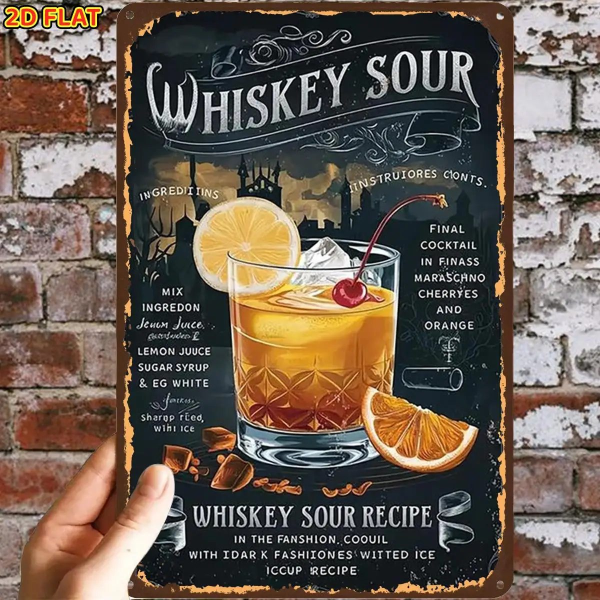 2D Flat, 2D Flat,1pc,Whiskey Sour Recipe Poster ArtMetal Iron Sign, Pre-Drilled Holes, Suitable for Indoor, Garden,Outdoor, Home