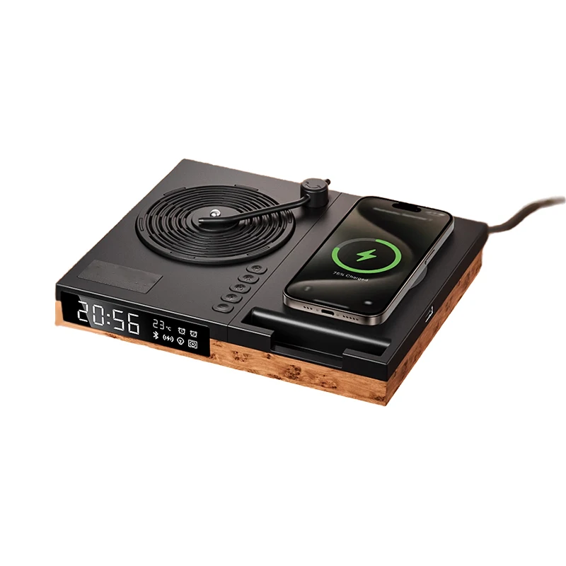 Speaker Nirkabel Retro Bluetooth 5.2 Pemutar Musik Stereo Jam Alarm Desktop Bentuk Piringan Hitam Vintage Mendukung Jam dengan Lampu