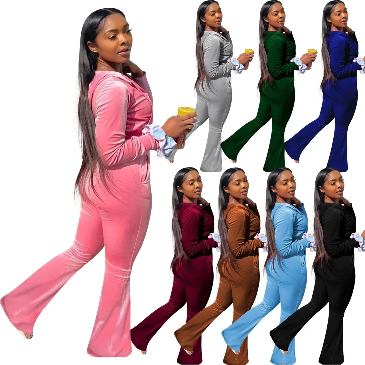 Fashion Velvet Women\'s Set Long Sleeve Hooded Jacket + Flare Pants 2024 Winter Active Two 2 Piece Sets Outfits Tracksuit