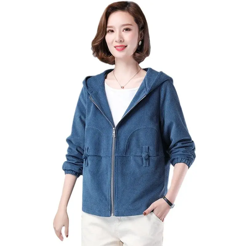 

UHYTGF Women's Hooded Jacket Fashion Autumn Long Sleeve Loose size Corduroy jacket Zipper Pockets Fleece Coat Slim Outerwear 634