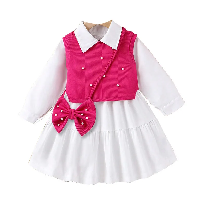 

Butterfly Accessory Bag Three-Piece Children Set Skirt Princess Style Kid Dress Girl Vest Collared White Long Sleeve Shirt Dress