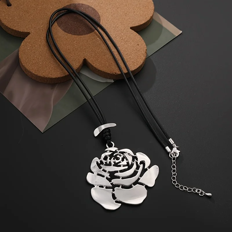 ALLYES Romantic Matte Metal Rose Flower Pendant Necklace for Women Vintage Long Chain Leather Necklaces Jewelry Gifts