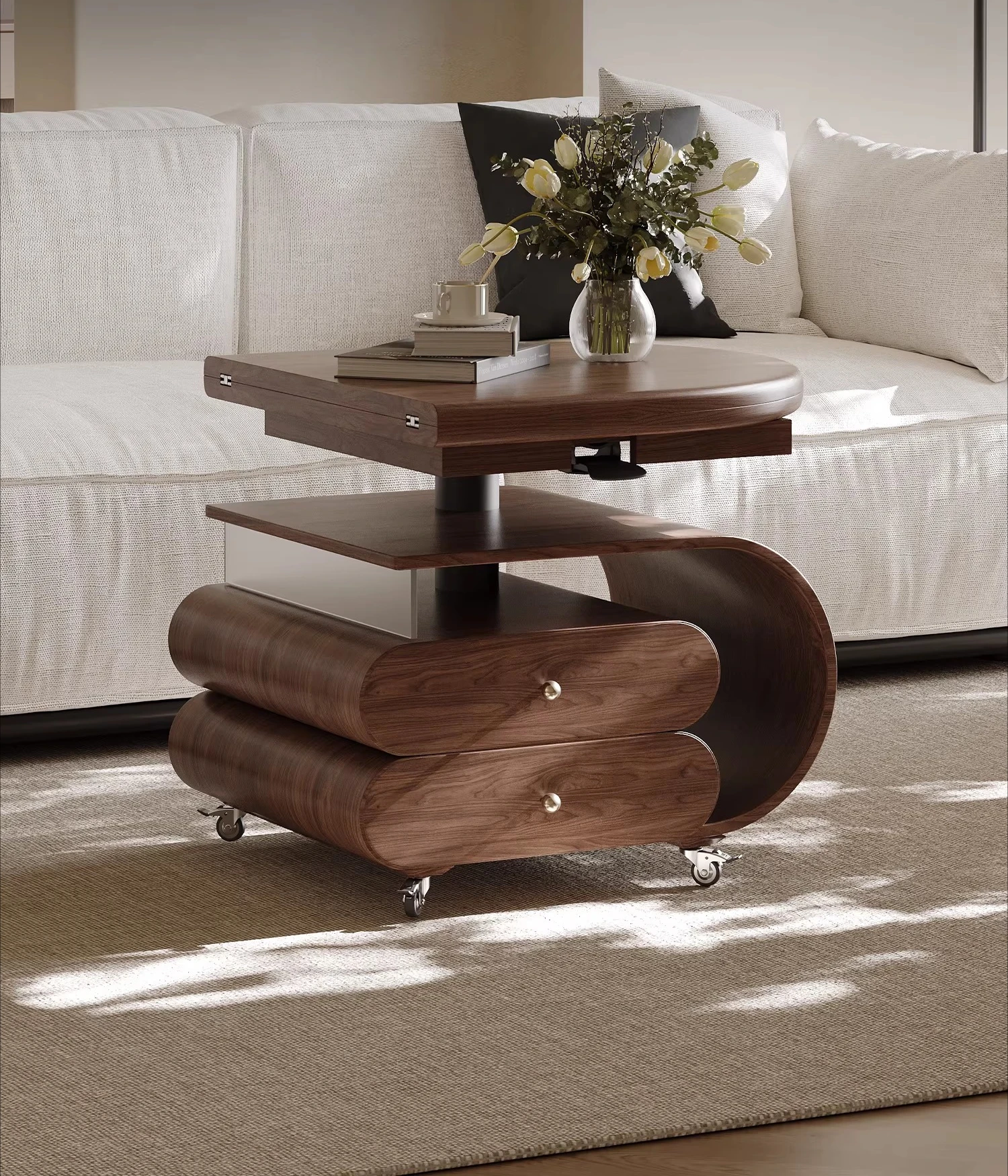 

Used removable coffee table lifting folding table oval solid wood walnut veneer living room home cart side table